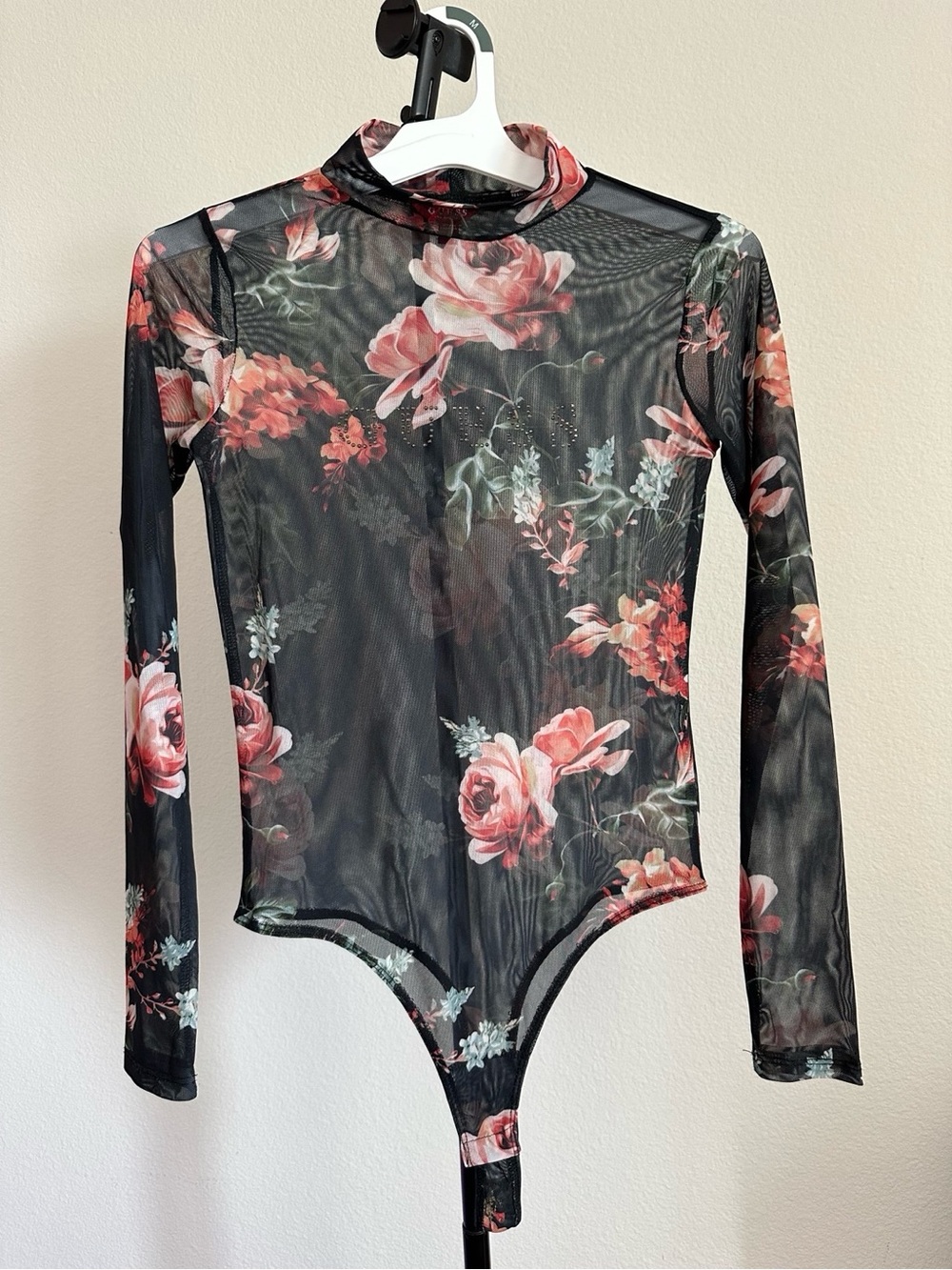 Guess Black Mesh Bodysuit with Pink Rose Print